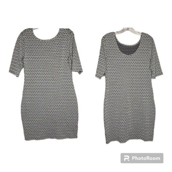 Xhiliration Black White Chevron Stretch Bodycon Short Sleeve Textured Dress L - Picture 1 of 9